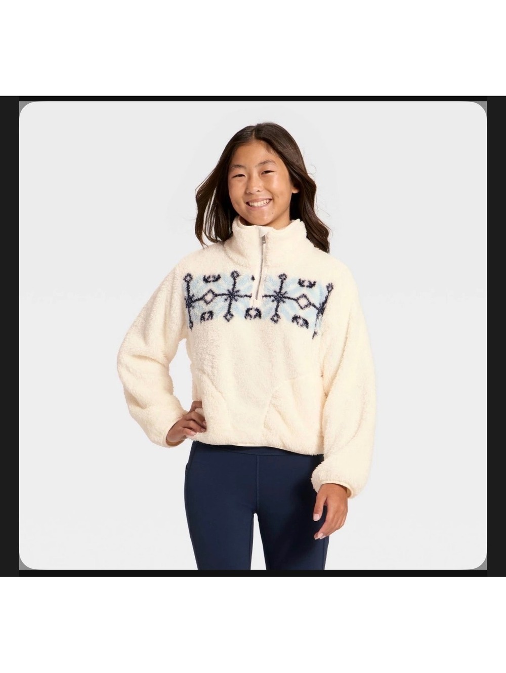 Girls' High Pile 1/2 Zip Pullover - All in Motion Cream Large 10/12 NWT